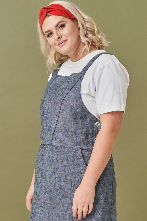 Image 3 of Linen apron dress has a square neckline & two front pockets Luka from Baltic Linen